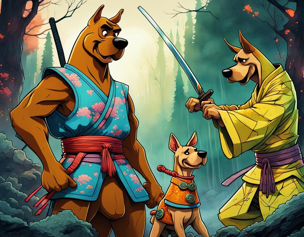 Samurai Scooby-Doo in a Glowing Forest, Watercolor Style