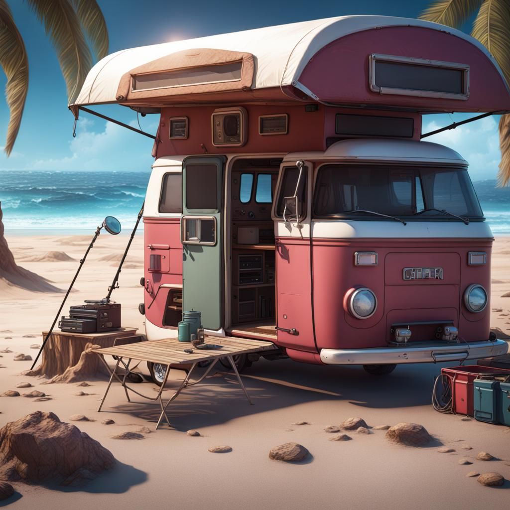 Beach Camper for Ham Radio Operator: Detailed Matte Painting