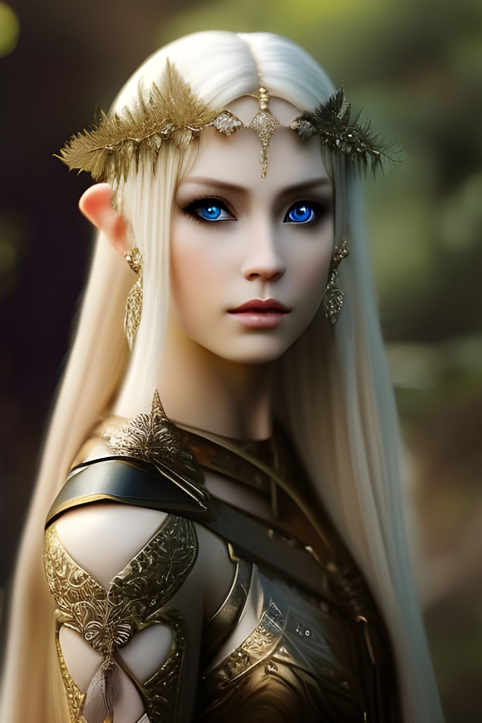 Gorgeous elf princess, upper body, long flowing blonde hair, brush stroked hair, circlet in hair, realistic soft pale bl...