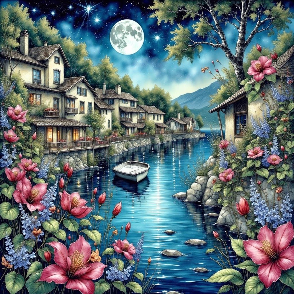 Serene Italian Village Under Indigo Moonlight