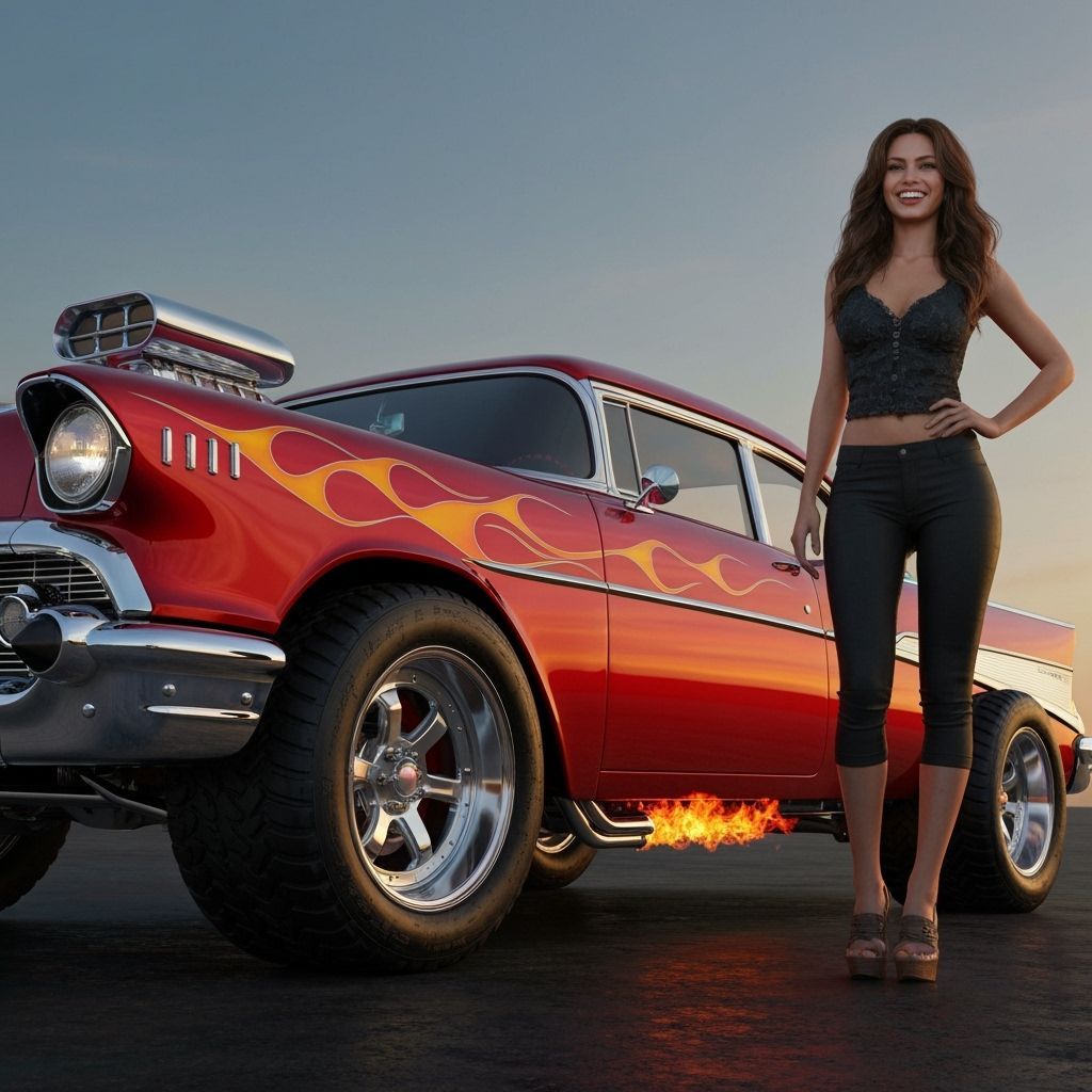 1957 Chevy Bel Air Muscle Car Icon with Flames