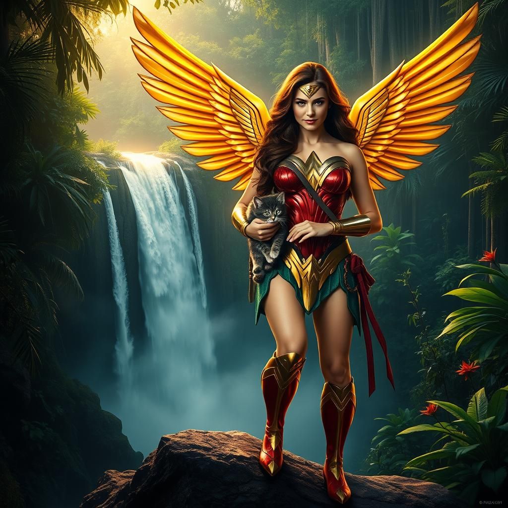Wonder Woman with Kitten in Rainforest