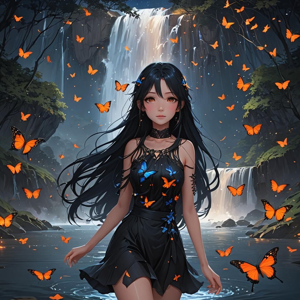 Anime Girl Emerges from Lake Under Starry Sky