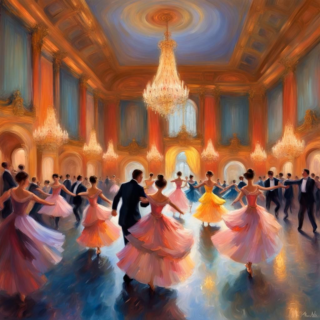 Impressionist Dancers Twirling in a Ballroom
