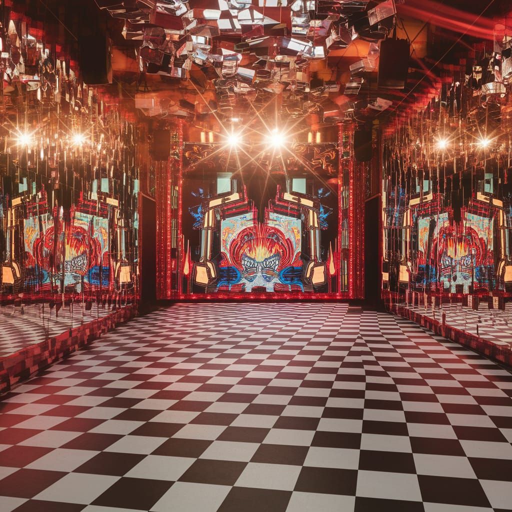 Disco Dancers in a Vibrant, Mirrored Hall