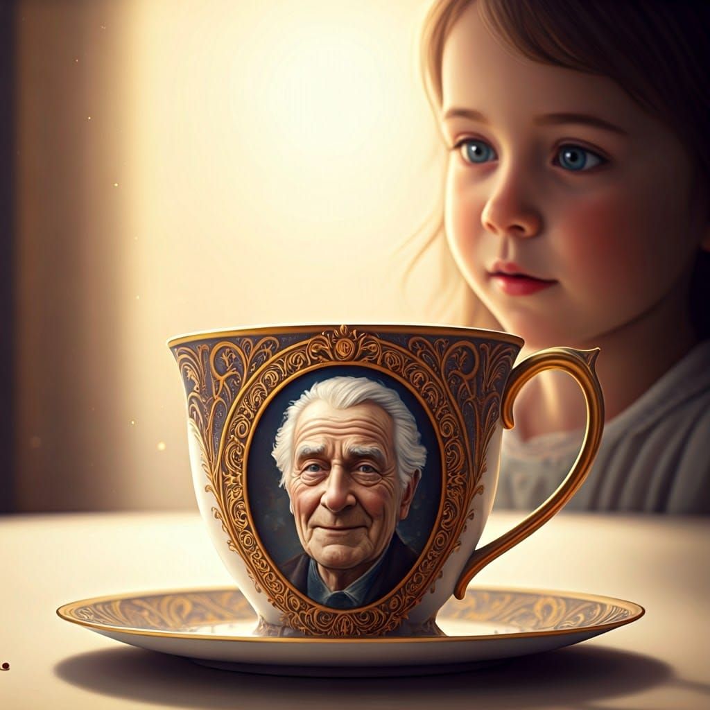 Ornate Teacup with Man's Face in Art Nouveau Style