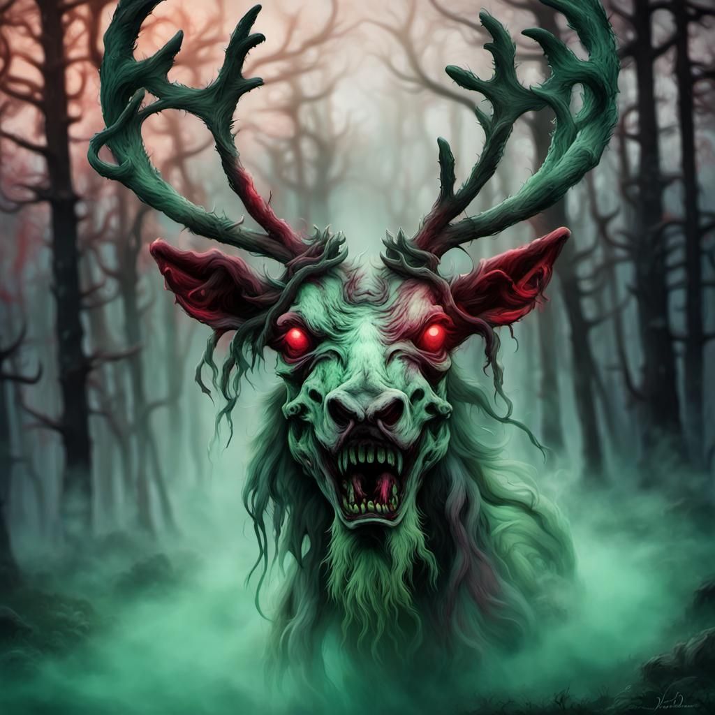 Zombie Reindeer in Dreamlike, Dark Forest