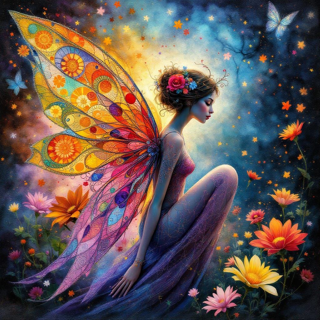 Whimsical Fairy with Crystalline Wings in Surreal Landscape