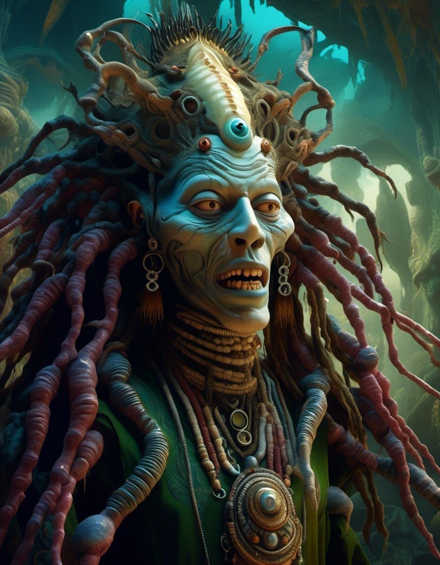 Albino Shaman in Psychedelic Wonderland, Detailed Surreal Ar...