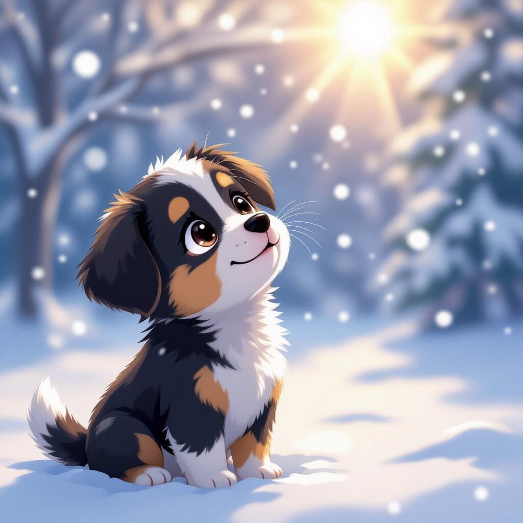 Adorable Puppy Experiencing Snowfall in Anime Style