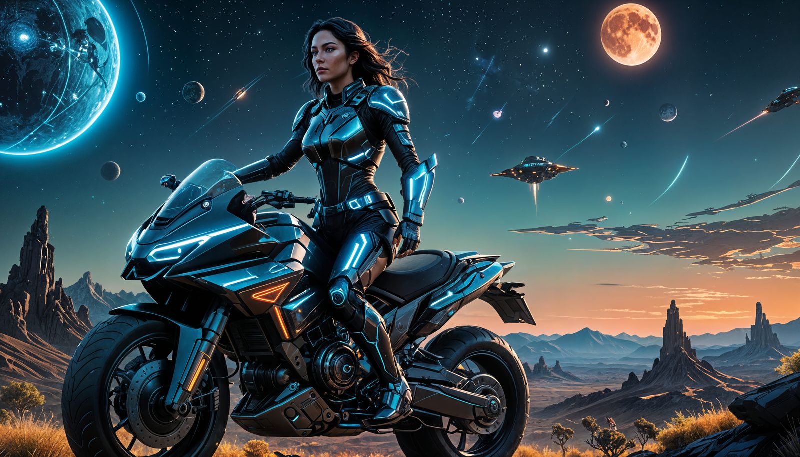 Cyberpunk Woman on Hover-Cycle at Night