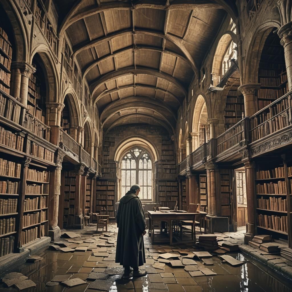 Deserted Medieval Library Scene with Explorer