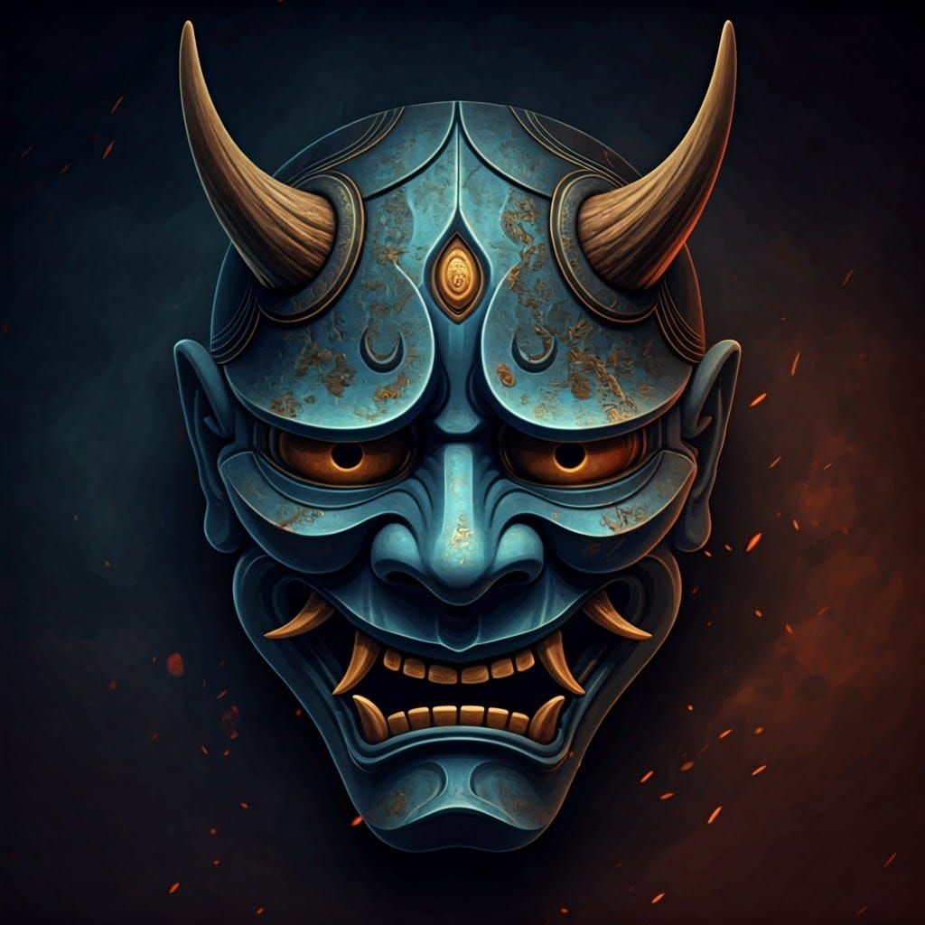 Ancient, Mystical Blue Oni Mask in Dramatic Chiaroscuro