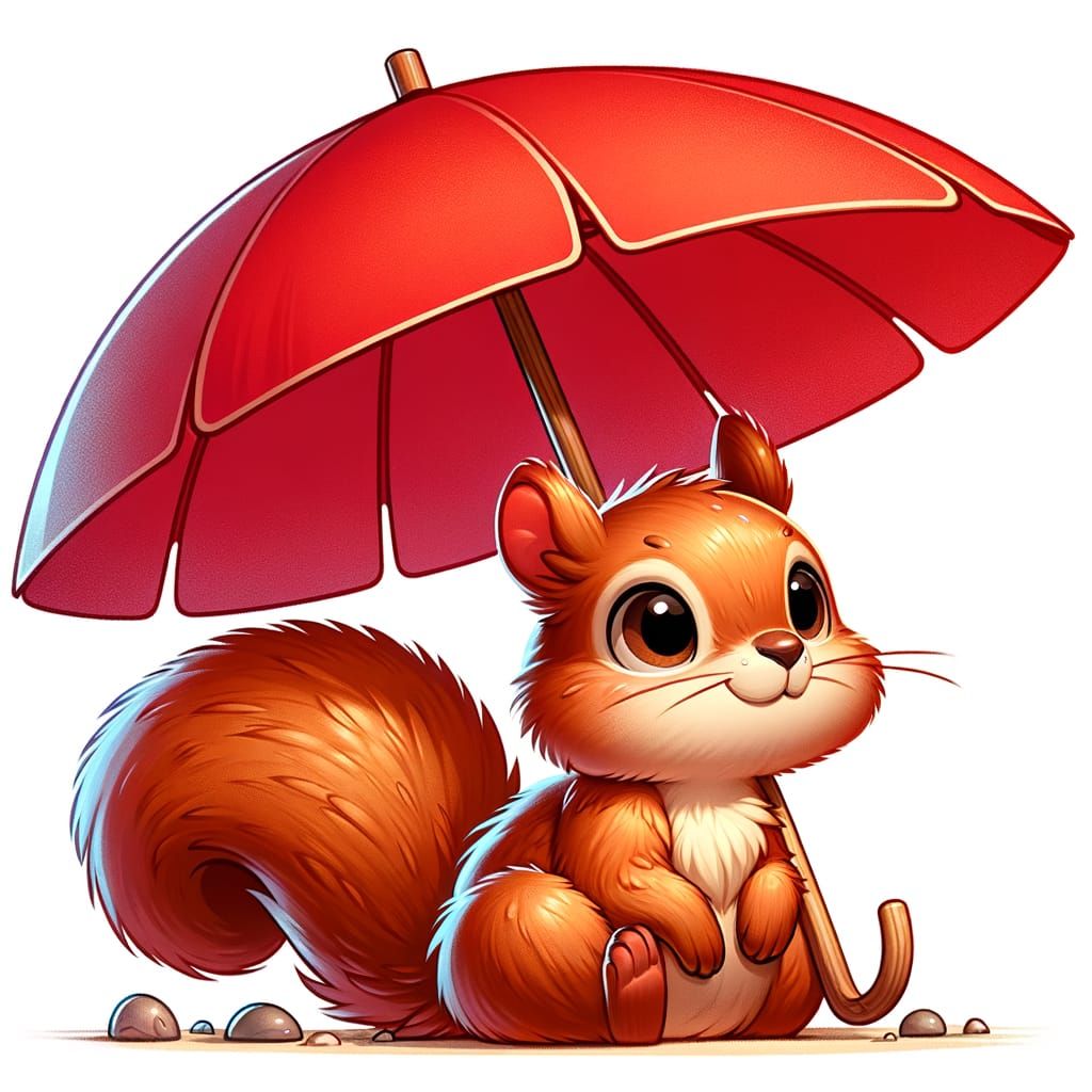Cartoon Squirrel Sheltered Under a Red Umbrella