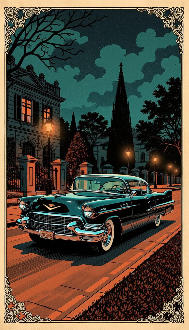 Vintage Cadillac in Gothic Horror Scene