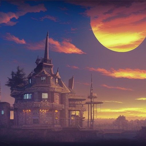 Steampunk Castle Sunset in Anime Style