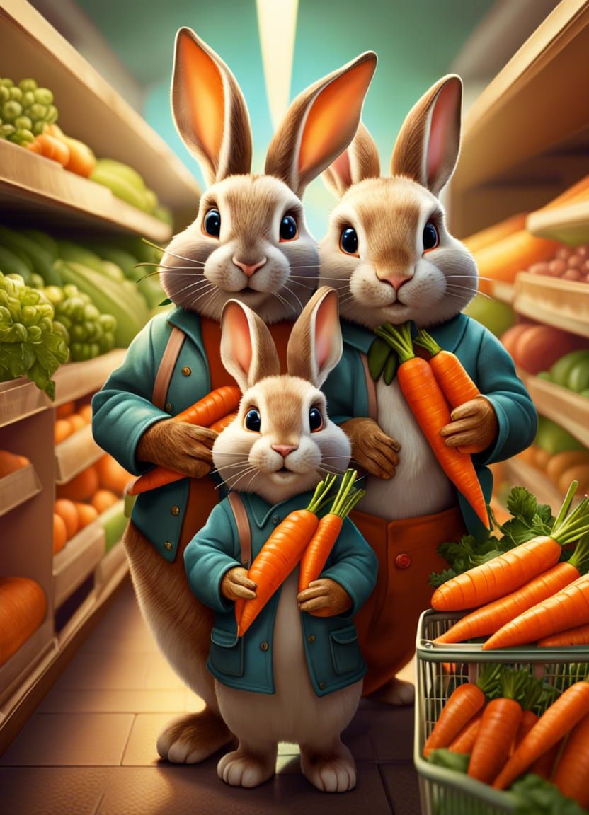 Anthropomorphic Rabbit Family Shopping, Hyperrealistic Art