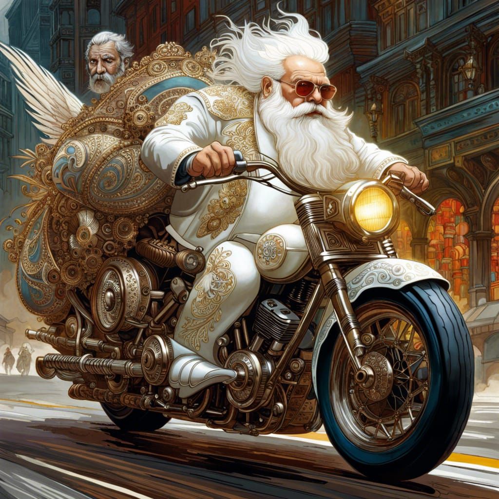 """Extremely detailed complex "white Filigree fat oldman riding a motorcycle at highway!!!" breathtaking epic masterpiec...