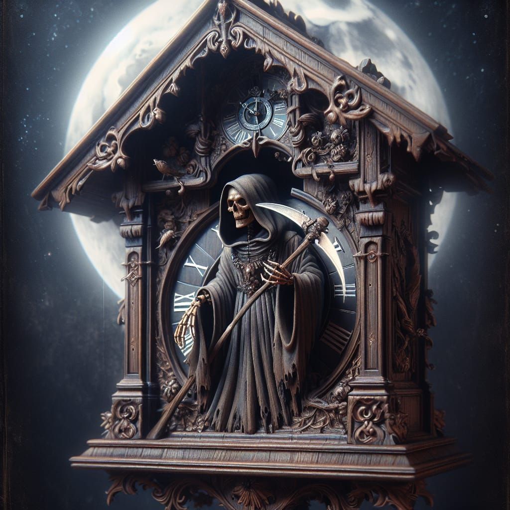 Gothic Cuckoo Clock Reveals Grim Reaper at Midnight