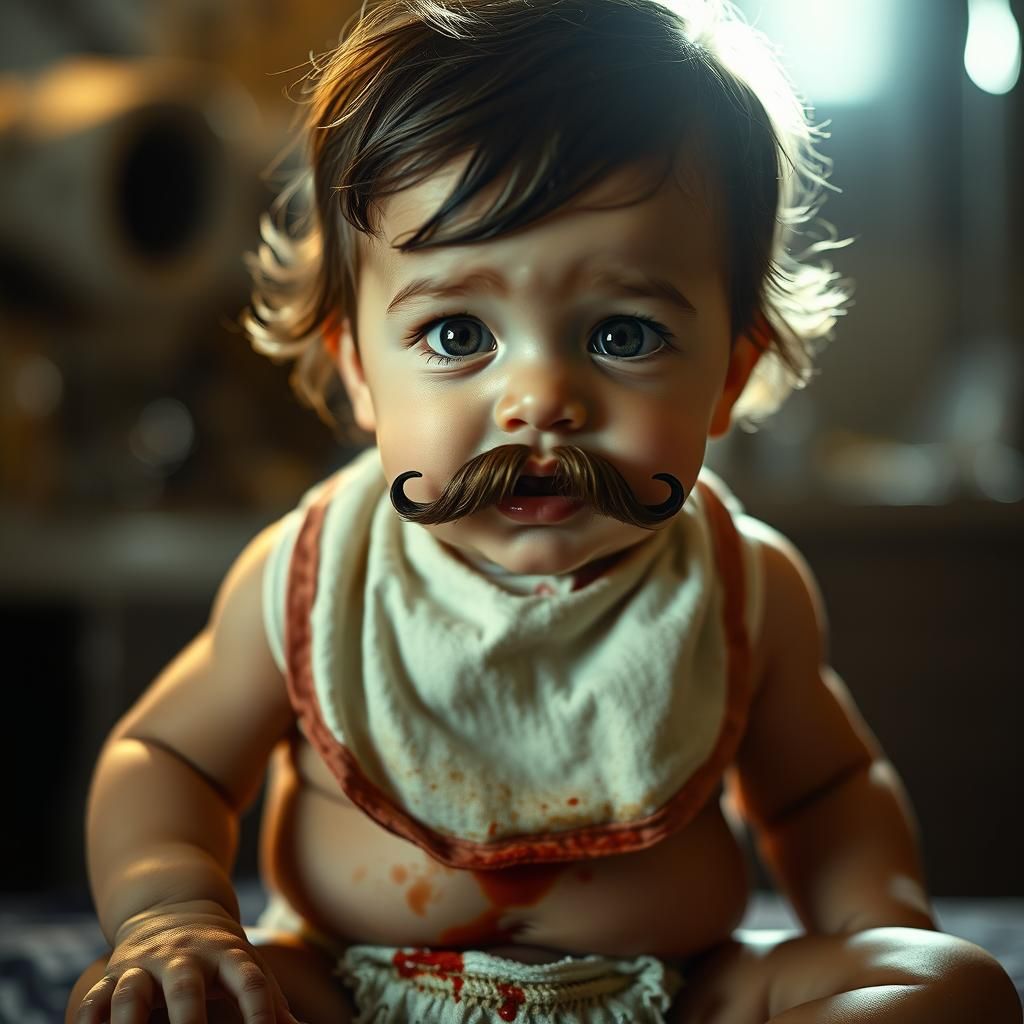 Surreal Toddler with Mustache in Horror Lighting