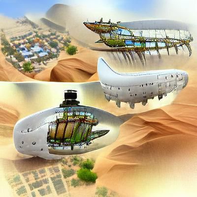 Futuristic Airship Warship over Desert Oasis