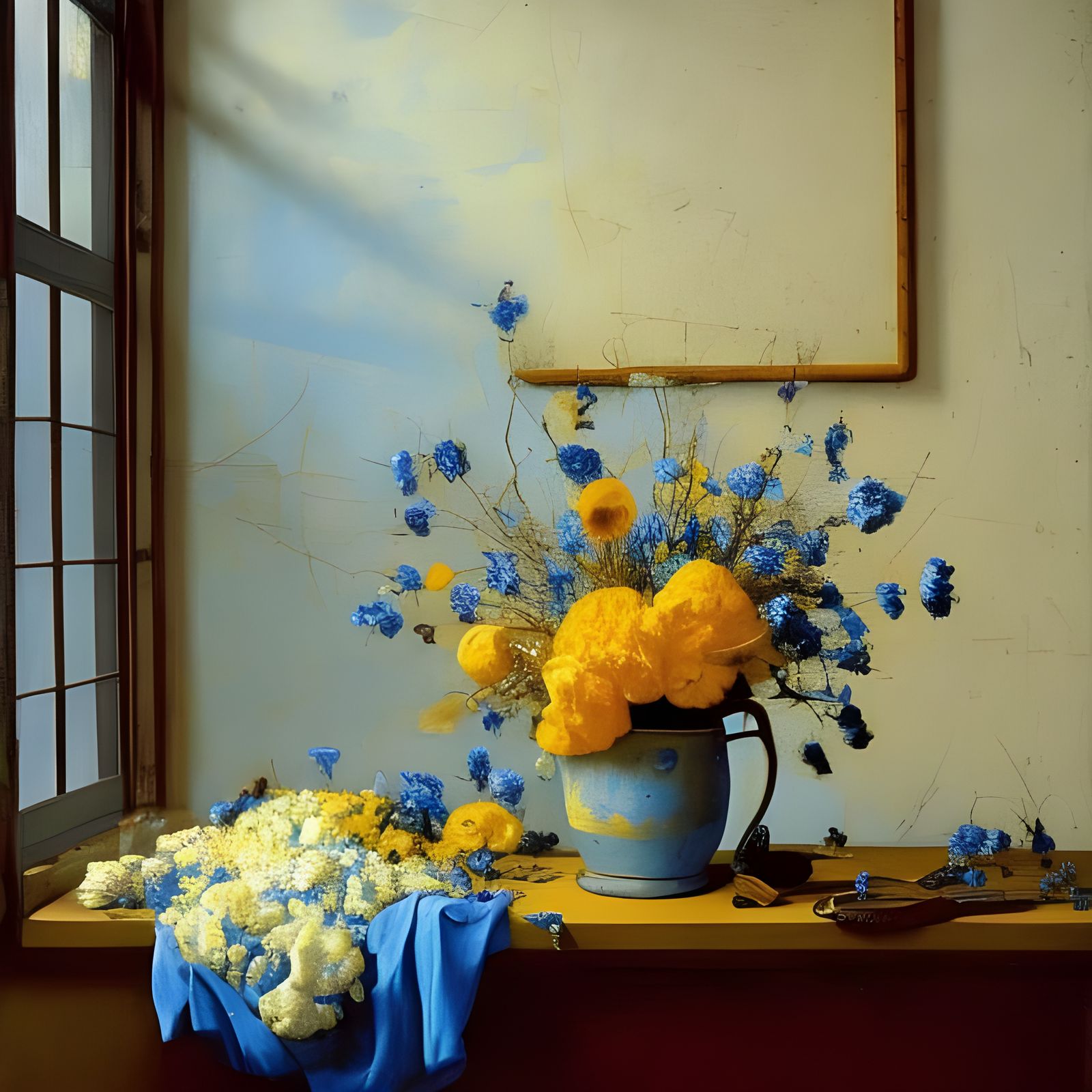 Still Life: Flowers on Butcher Table, Hyperrealist Style