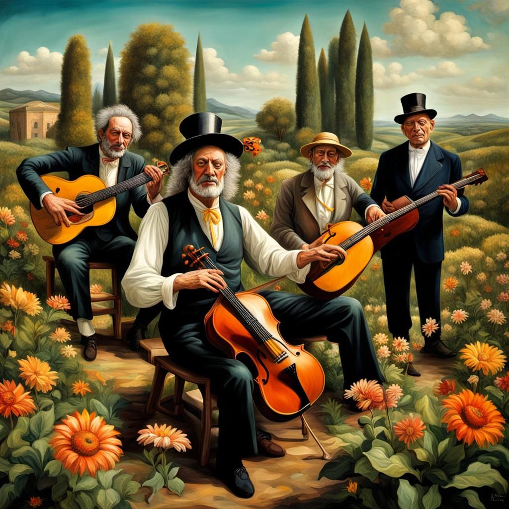 Eccentric Musicians in Dreamlike Landscape, Oil Painting Sty...