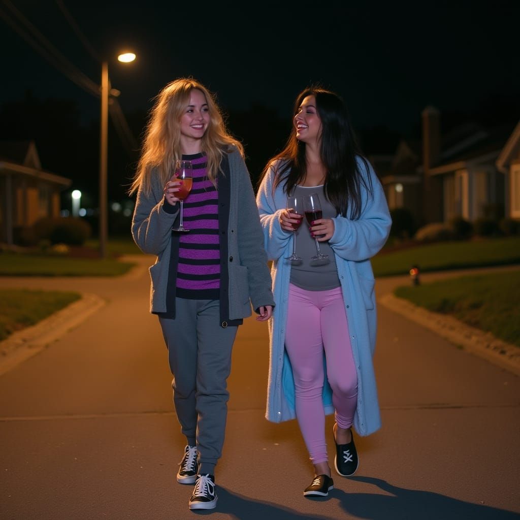 Women Walking with Wine in Cinematic Film Still