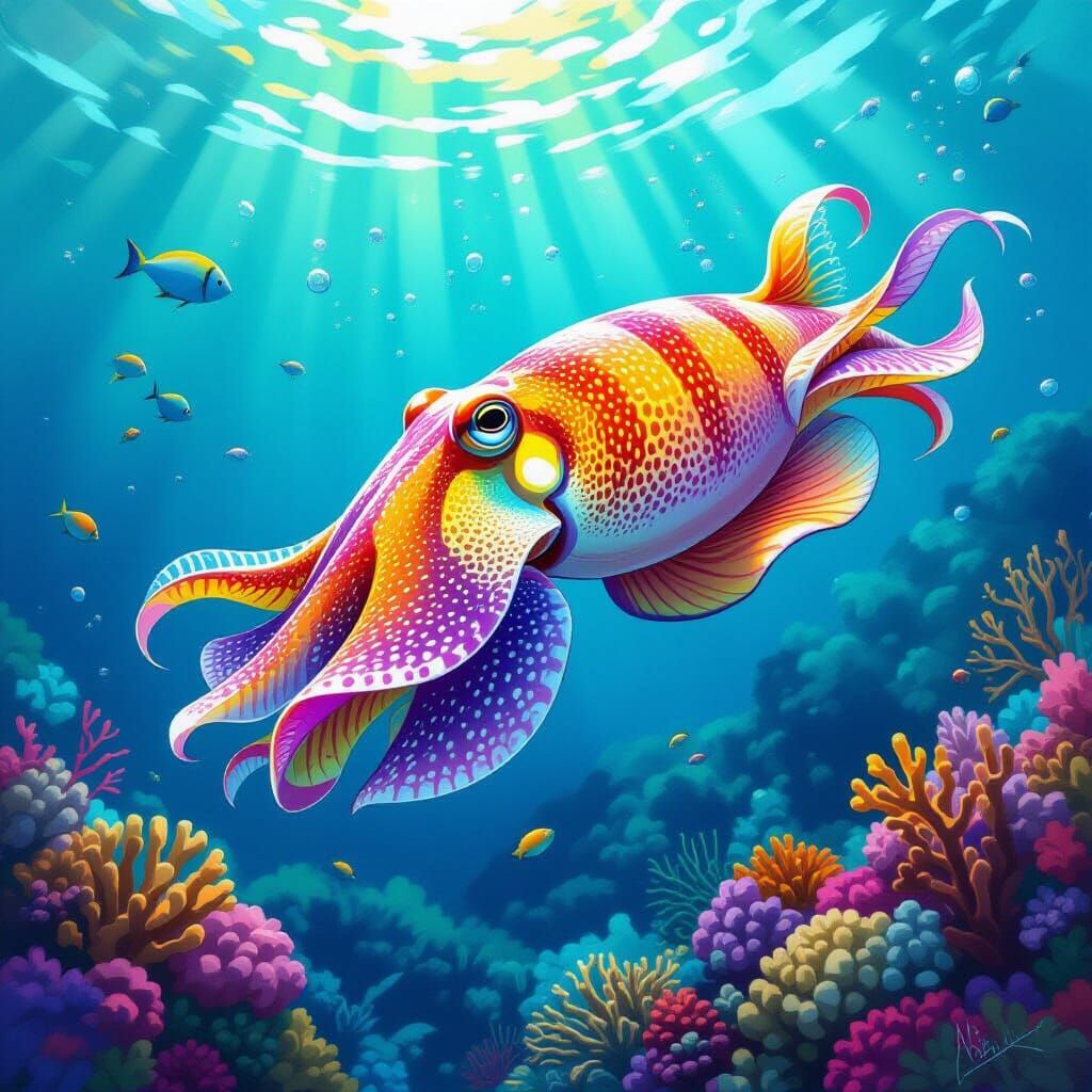 Colorful Cuttlefish Swimming in Coral Reef Digital Painting