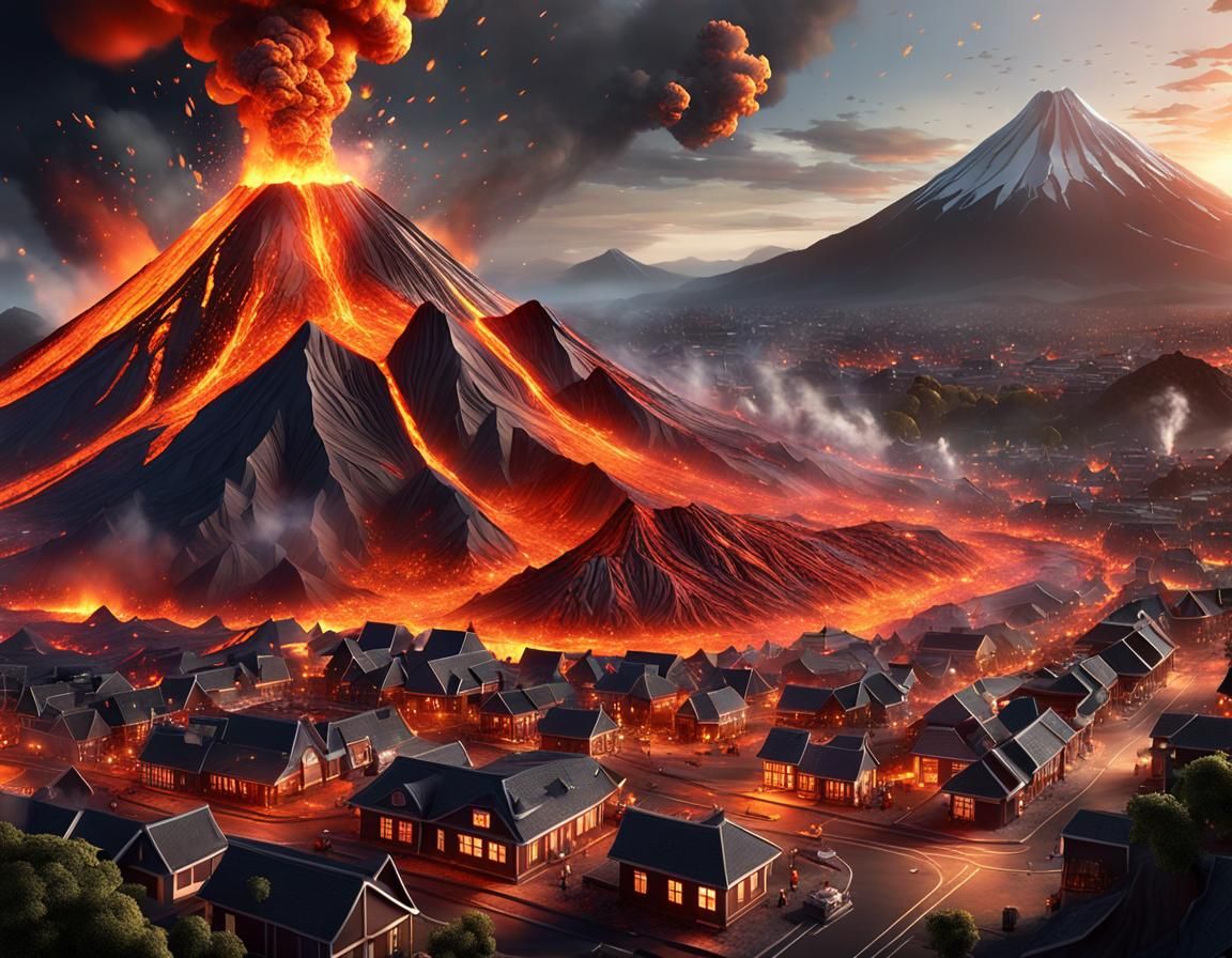 Volcano Eruption Over Town in Fantasy Art Style