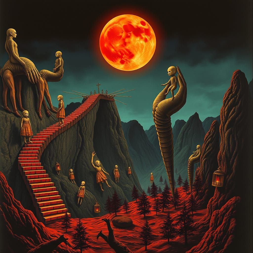 Surreal Nightmare Landscape with Teeth Stairs and Eyeless Do...