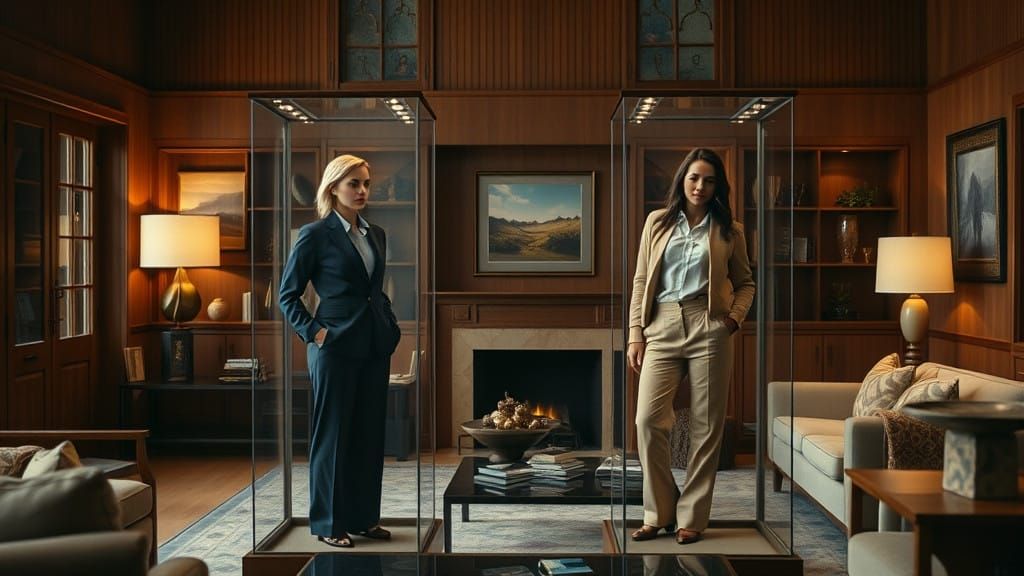 Elegant Midcentury Living Room with Sophisticated Display Ca...