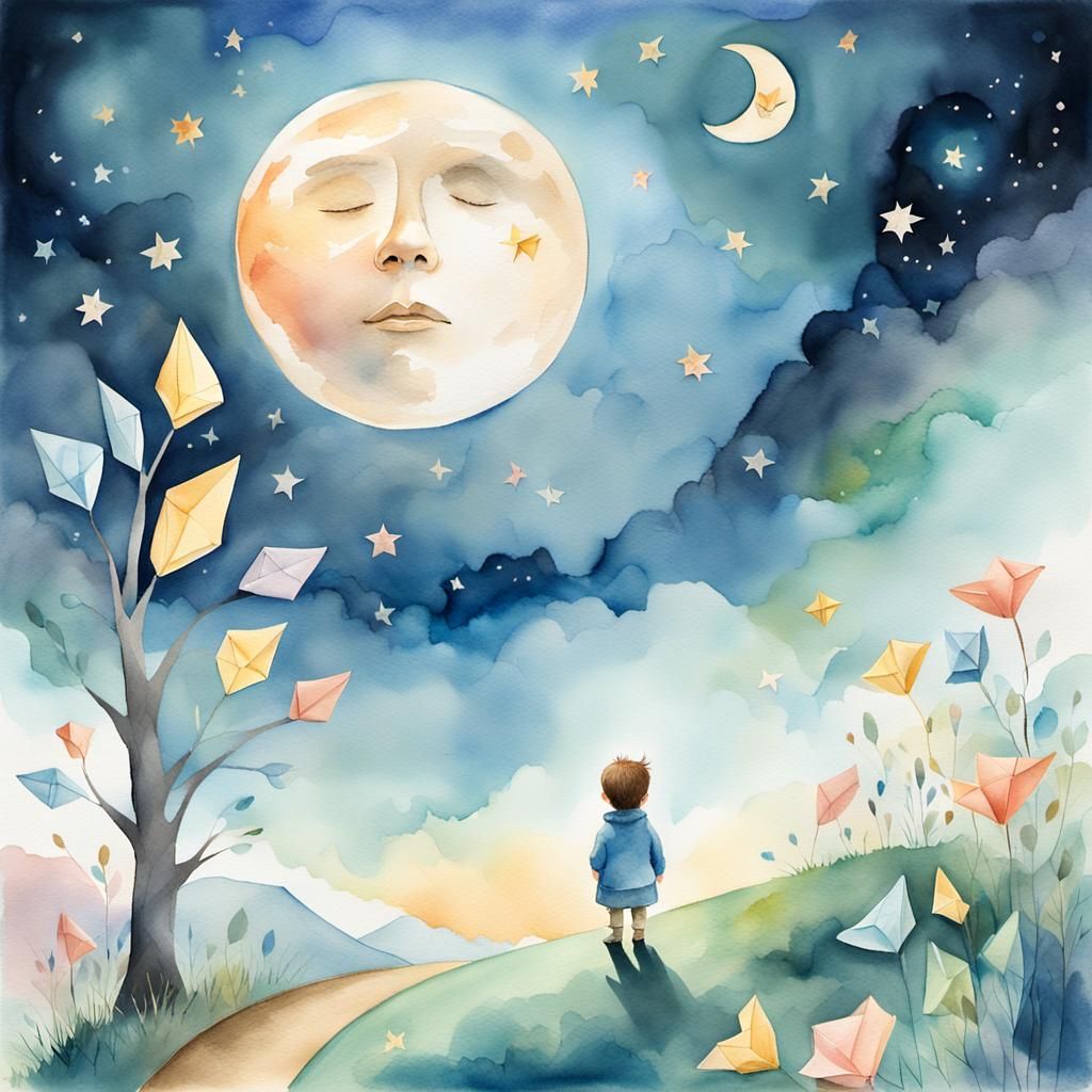 Whimsical Child Discovers Gentle Moon in Origami Dreamscape