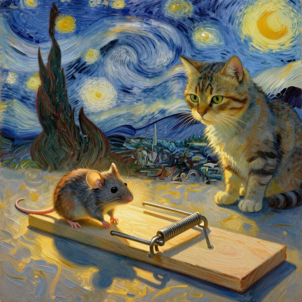 Mouse Suspense: Cat, Trap, and Golden Hour Light
