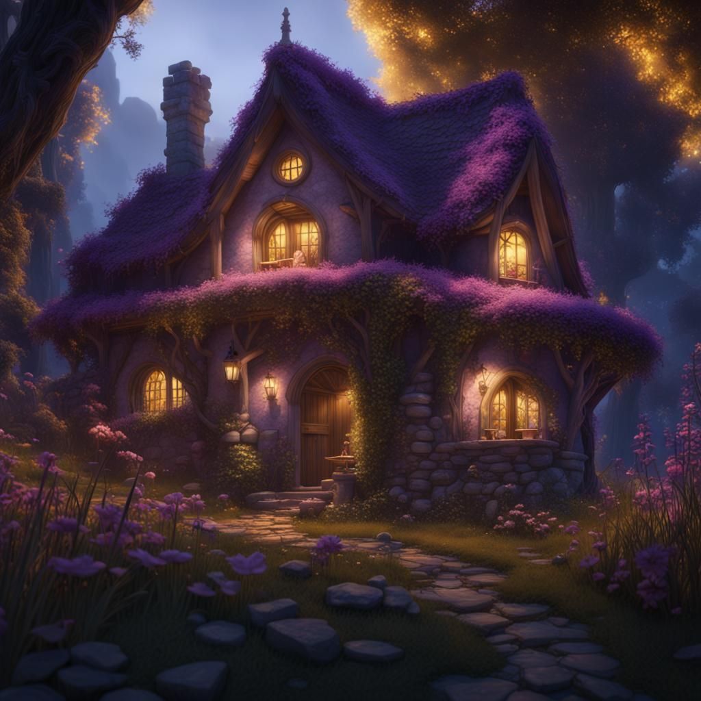 Fairies Surround Cottage: Dark Fantasy Art