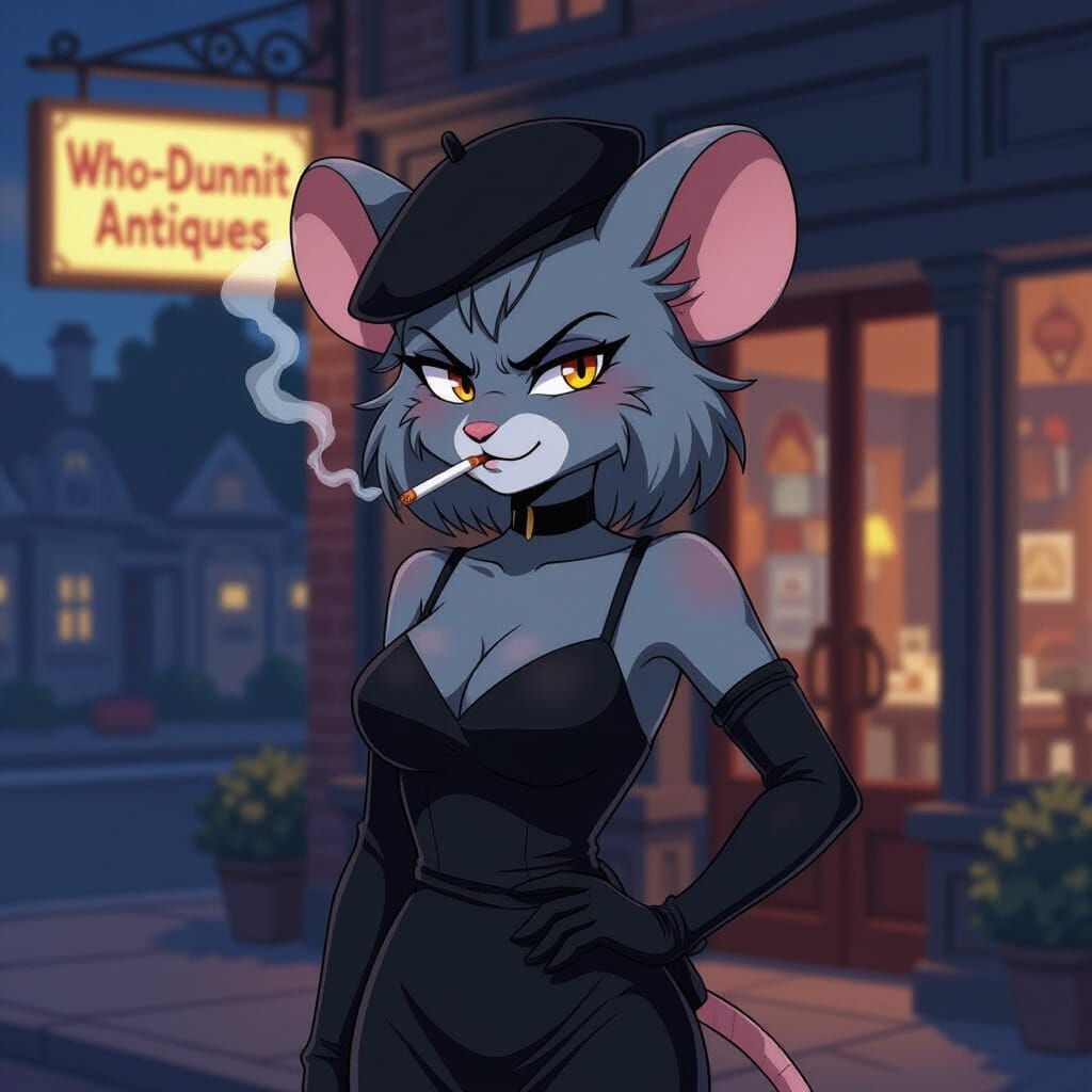 Anthropomorphic Mouse Woman in Formal Dress and Beret