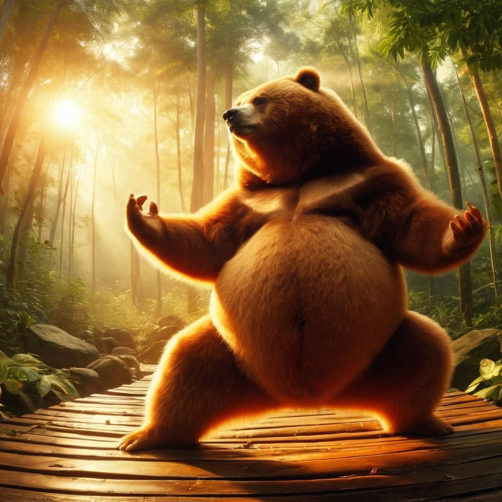 Shaolin Master Bear in Golden Hour Rainforest