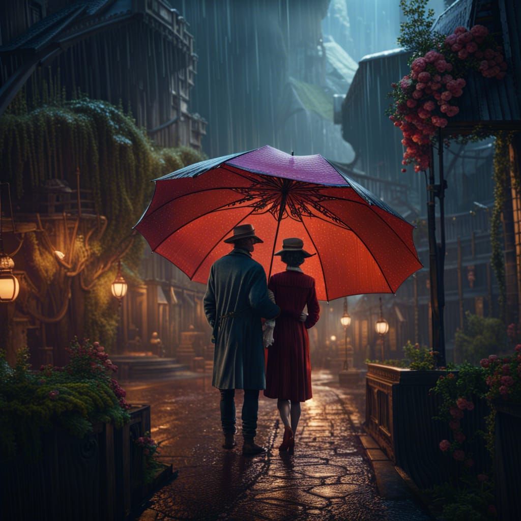 Couple Under Umbrella: Detailed Fantasy Concept Art