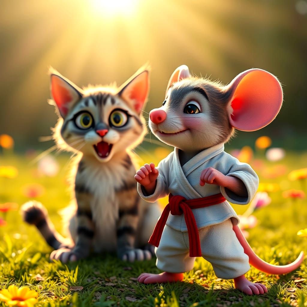 Cute Karate Mouse and Stunned Cat in 3D Style