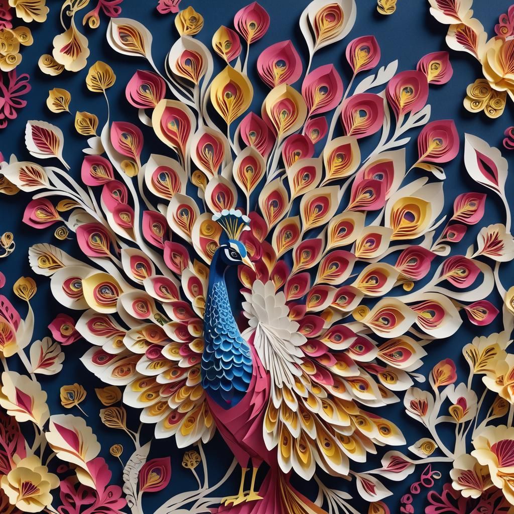Vivid Kirigami Peacock Displaying Open Tail