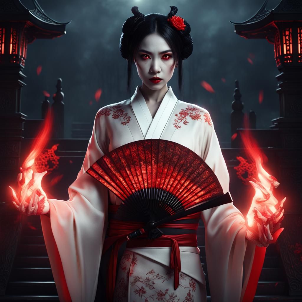 Exotic Asian Vampire Woman with Fan