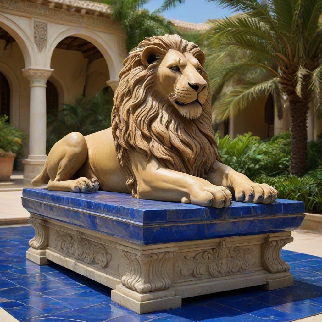A Majestic Blue Lapis Lazuli Lion Statue in a Serene Arabian...