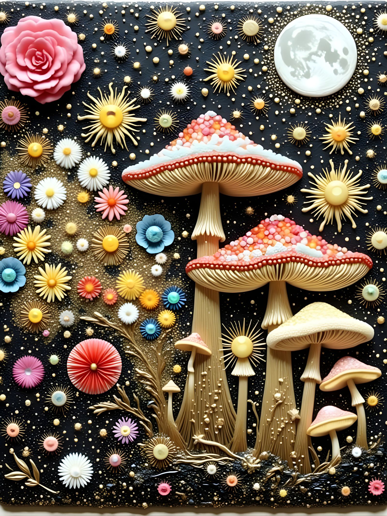 Luminous Moon, Mushrooms, and Stars Collage
