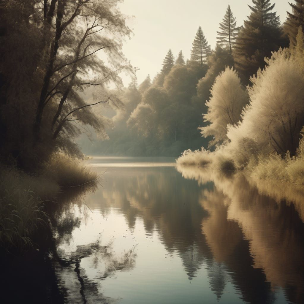 Ethereal Sepia Photograph of Forest Lake at Sunset