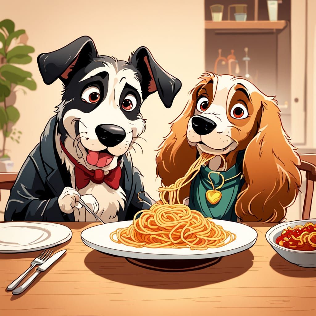 Lady and the Tramp Share Spaghetti, 2D Cartoon Style
