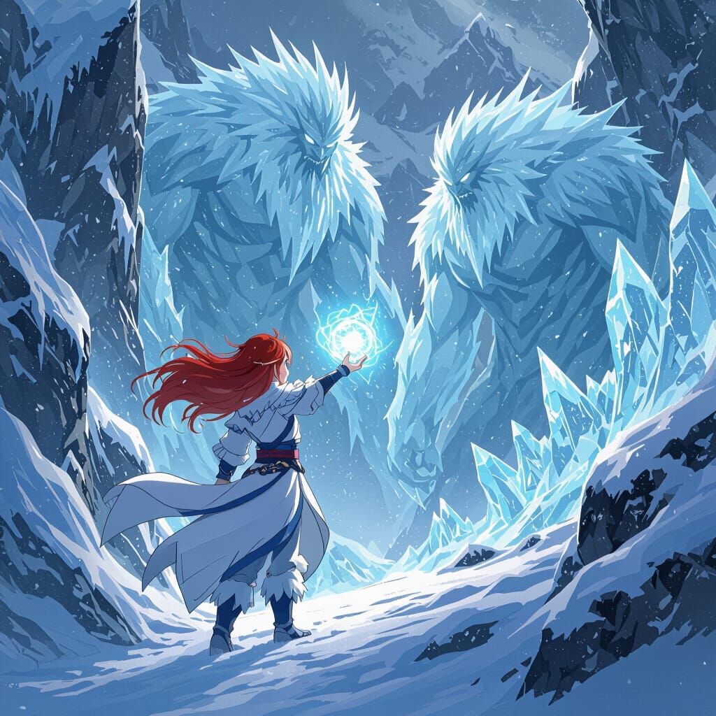 Anime Warrior Girl Fights Frost Giants on Snowy Cliff