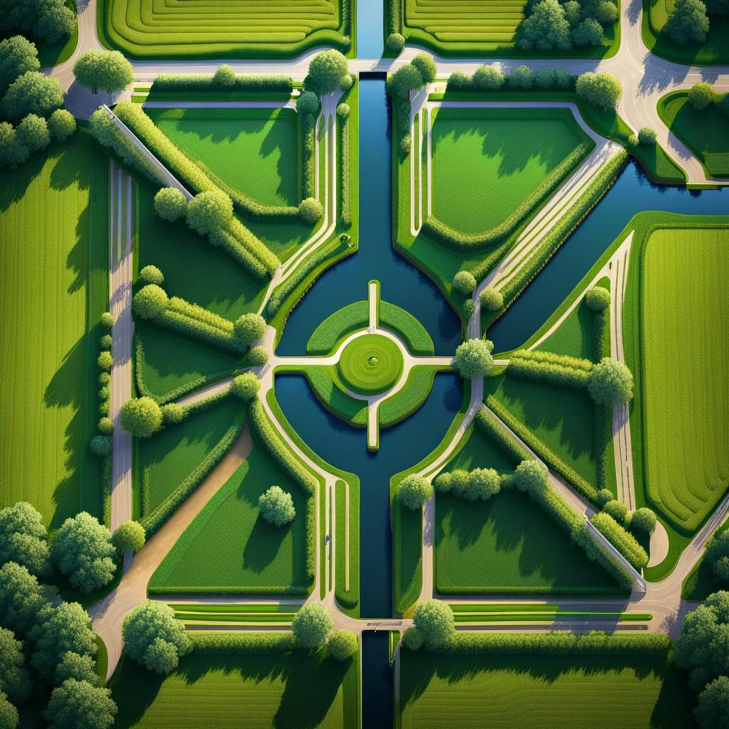 Symmetrical Farm Landscape in Cubist Style