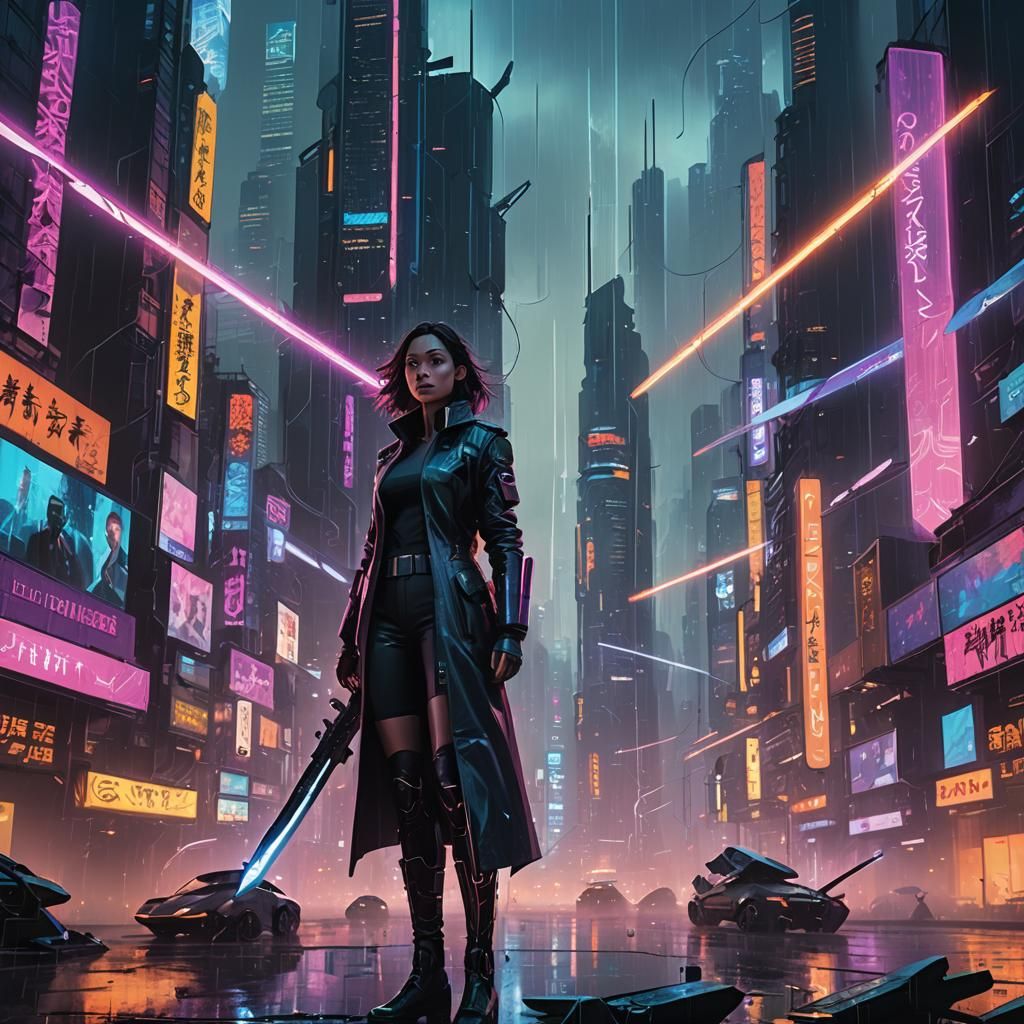 Cyberpunk Swords Amidst Neon Cityscape