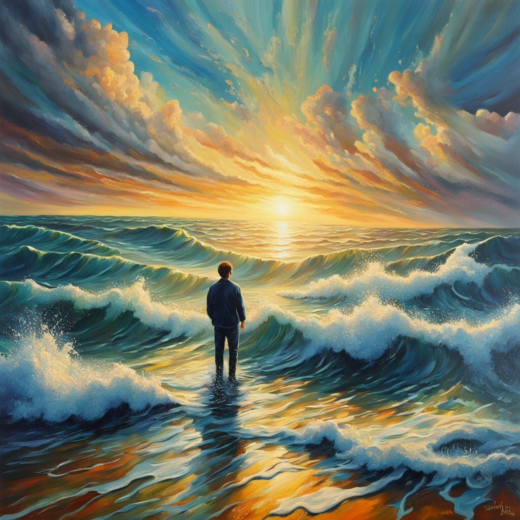 Artist Standing in Vibrant Oceanic Surrealist Masterpiece