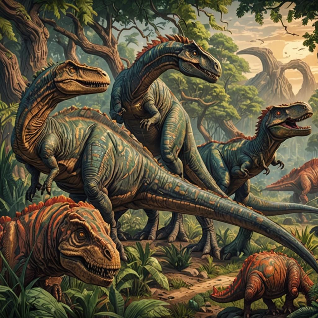 Dinosaurs Rendered as a Detailed Woodcut